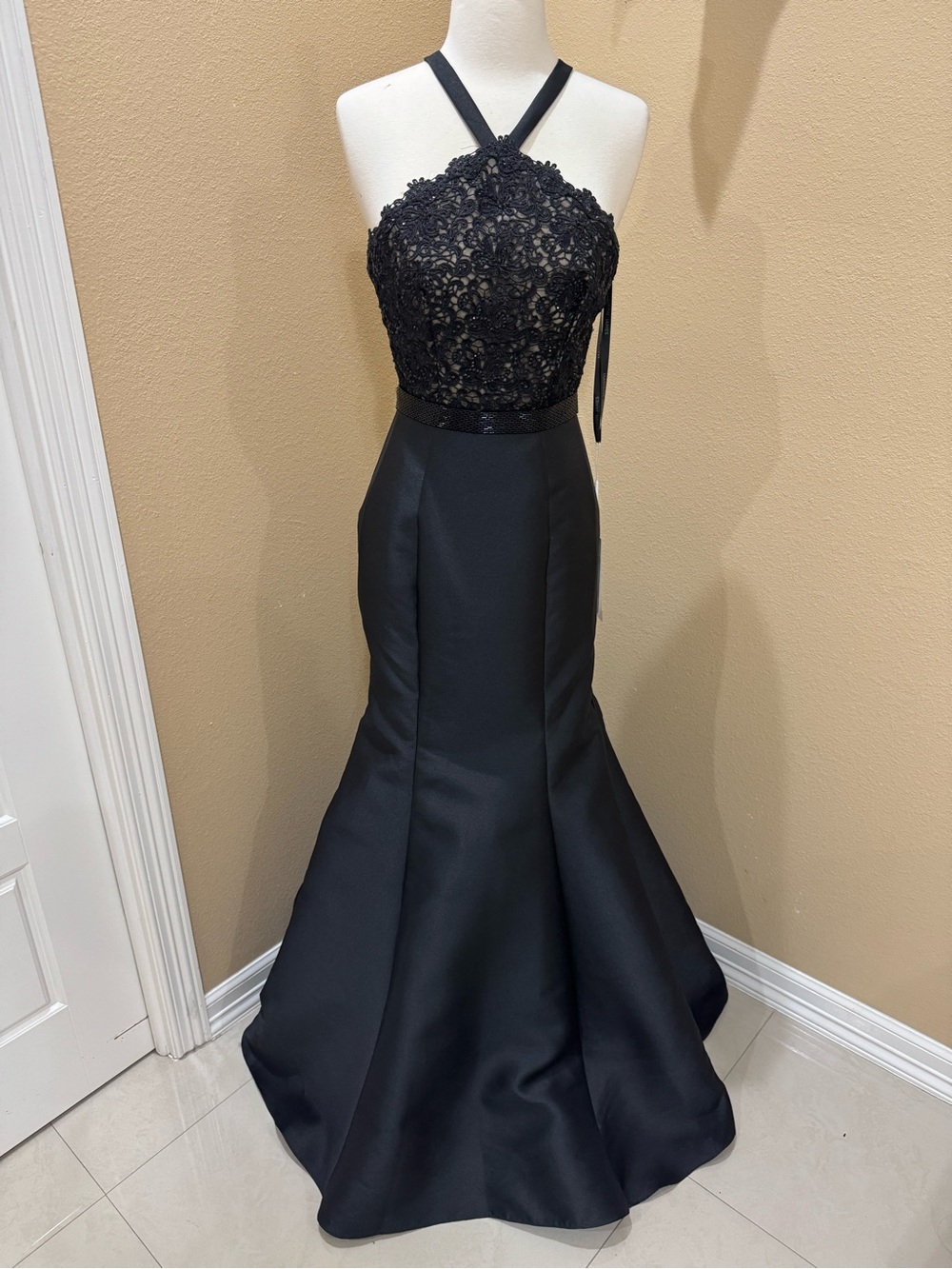 madison james Black Lace Halter Mermaid Gown